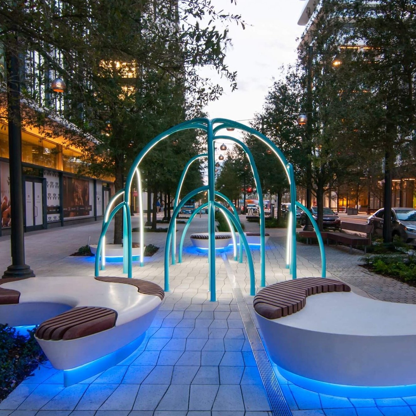 A lighted mangrove art installation on Water Street in Tampa