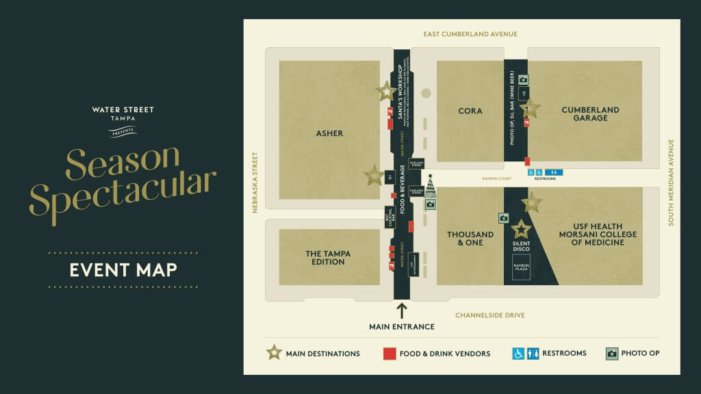 A graphical map of Water Street Tampa's seasonal holiday event, Season Spectacular.