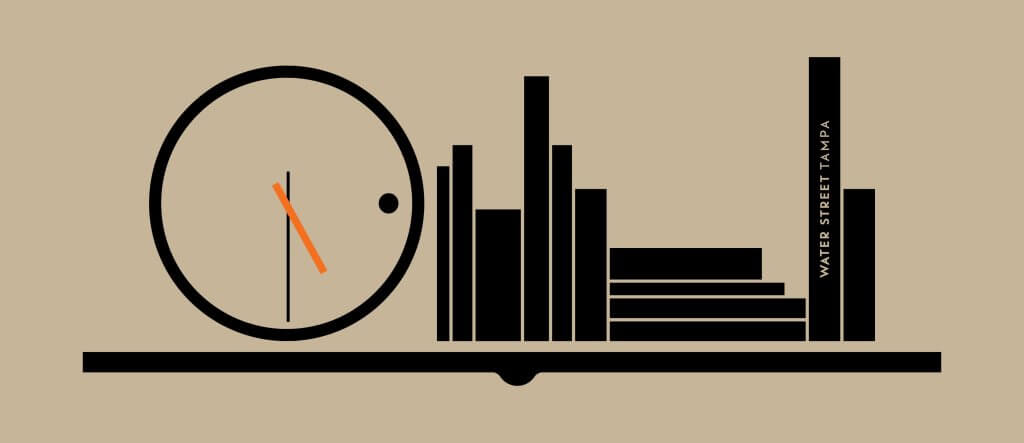 a graphic of books and a clock on a shelf with water street tampa's logo