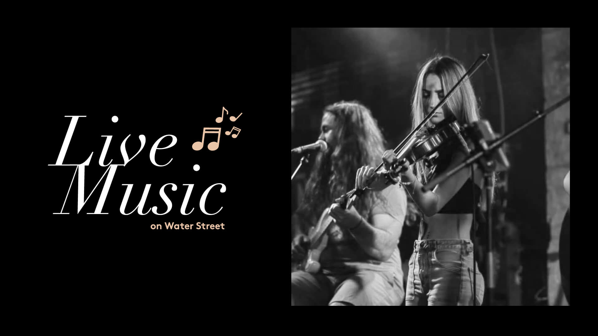 A live music branded graphic with Adriana Car pictured playing a violin